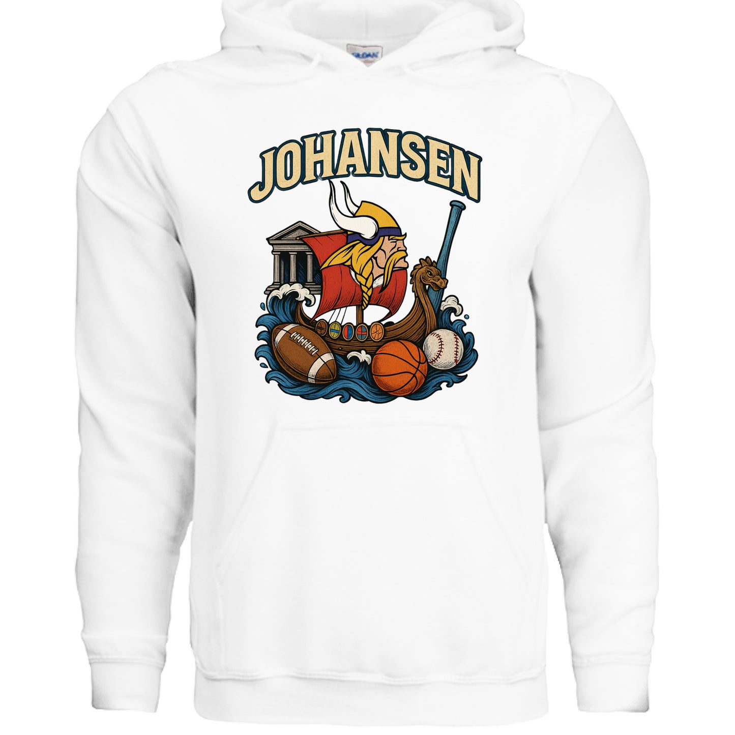 JOHH0004 hoodie front design with Johansen Vikings graphic